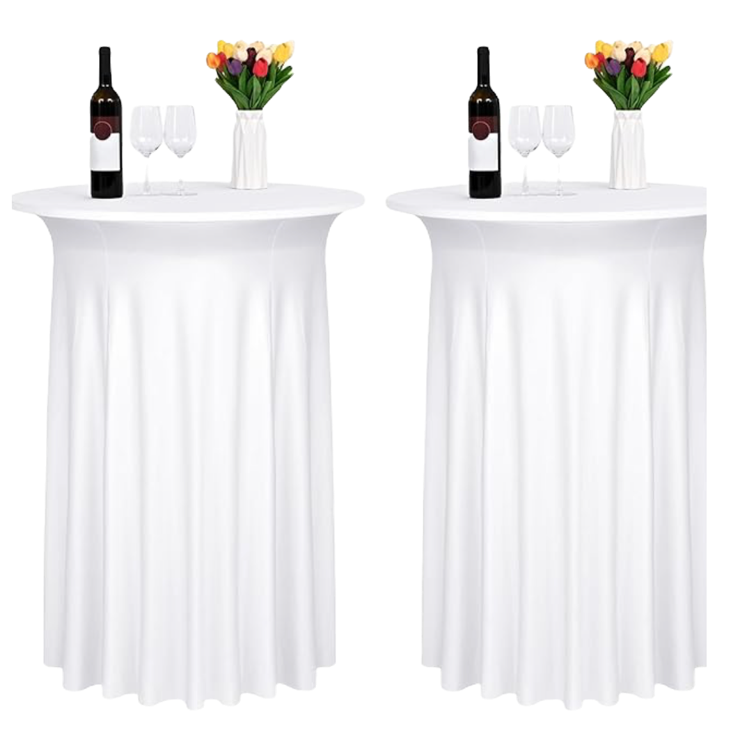 White 108-inch cocktail spandex tablecloth rentals styled on cocktail tables with elegant draping for weddings and events.