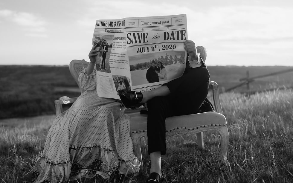 Get inspired by this golden-hour countryside engagement session with vintage flair, personalized props, and romantic aesthetics. Captured by Lloydminster photographer Sarah Thorpe.