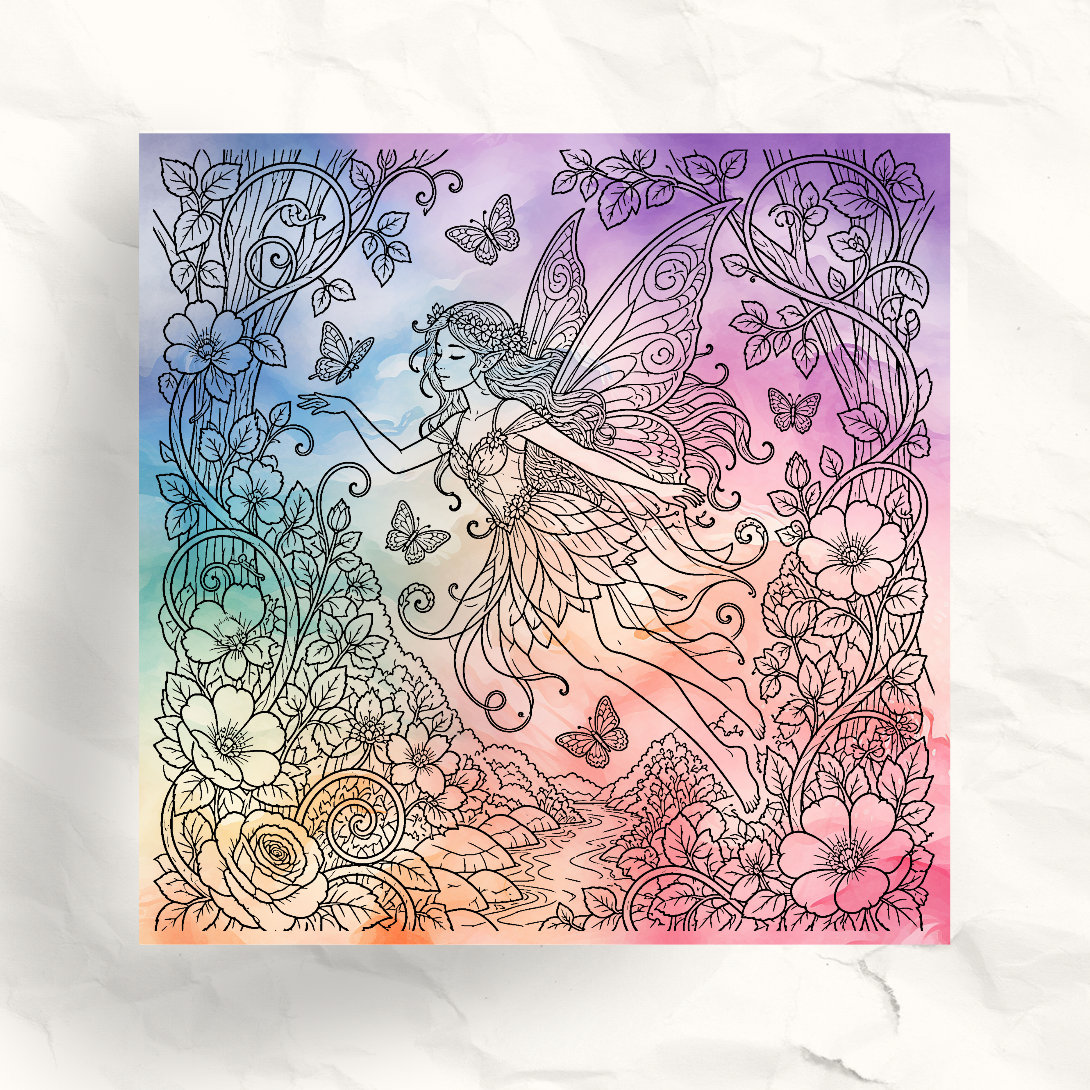 Butterfly Fairy 8.5" x 8.5" PDF Ink Tracing Coloring Page