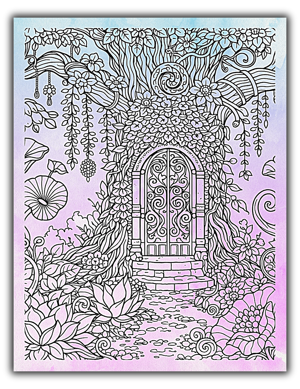 Free Ink Tracing PDF Intricate tree house coloring page with a fairy door.