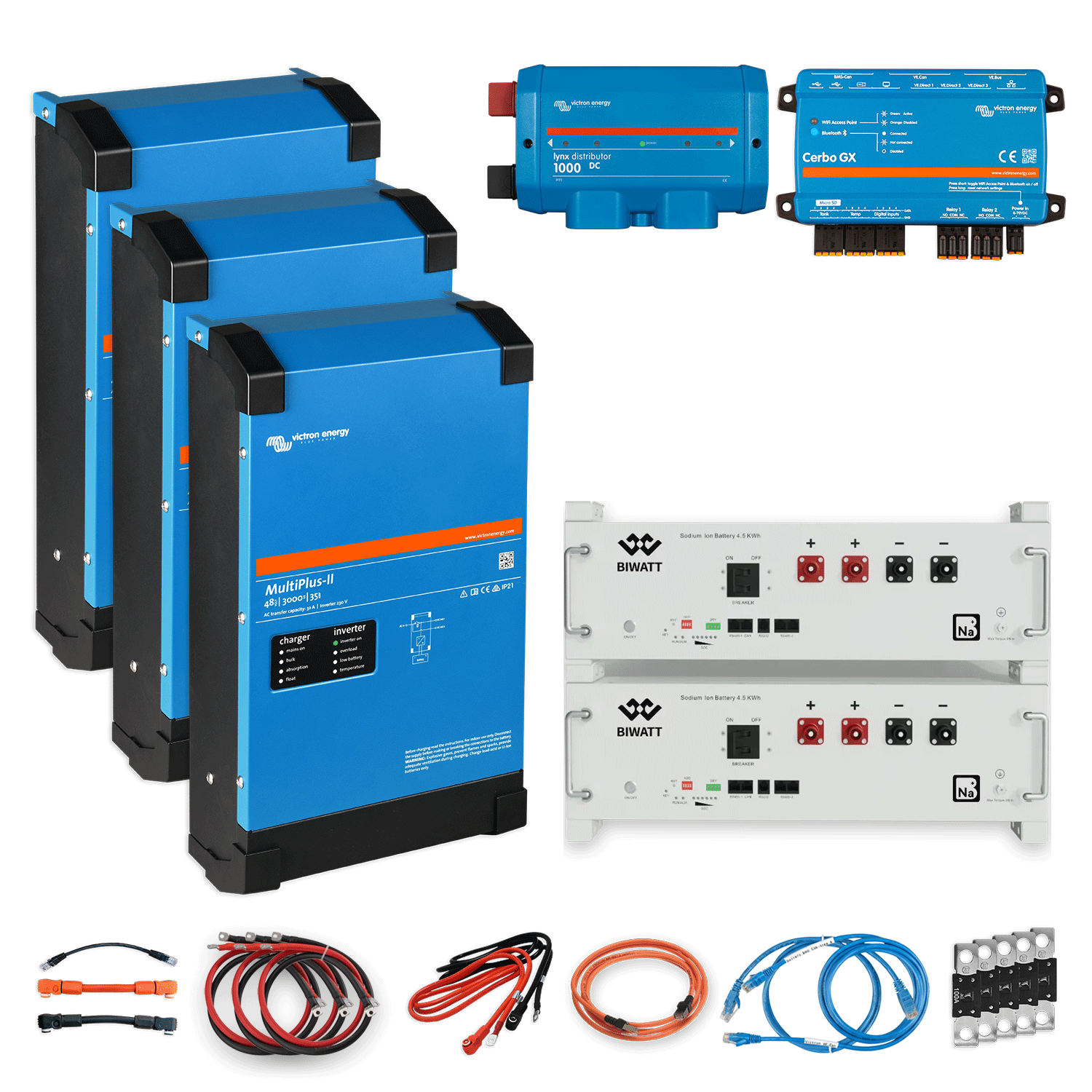 Off-Grid Speicher: 9kWh Natrium-Ionen Batterie mit 3x 3kW Victron Multiplus II