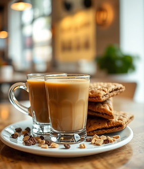A picture of chai coffee snacks in a blurr cafe background.jpg