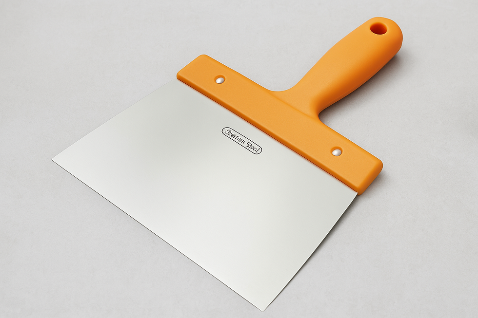 שפכטל מתכת רחב עם ידית כתומה ומסמרות חיזוק, על רקע בהיר