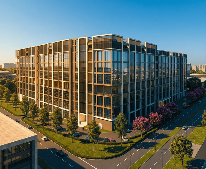 Aerial view of Armani Bizcore Bukit Raja, a premium 8-storey ramp-up 3 in 1 factory building featuring a warm bronze-tone curtain wall facade with vertical steel fins, floor-to-ceiling glazing, and landscaped surroundings including flowering pink trees, set against a clear blue sky.