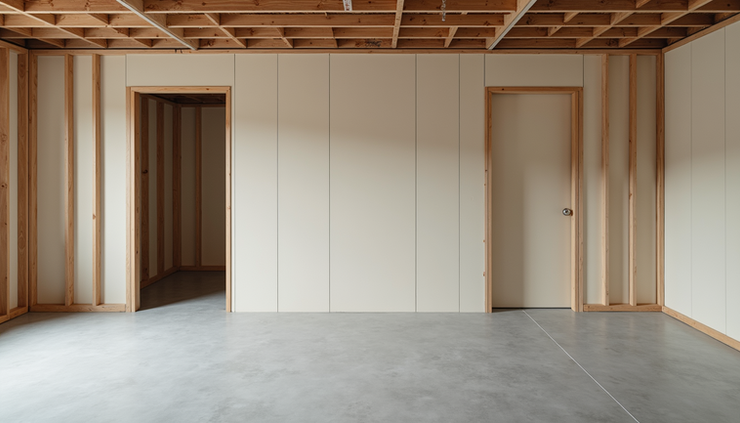 Eye-level view of a basement room framed and partially covered with drywall panels