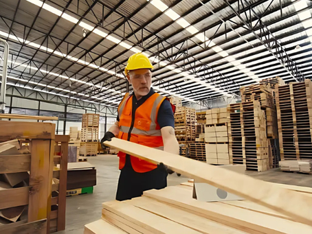 Pallet manufacturing facility worker with a wooden plank, surrounded by stacks of assembled pallets