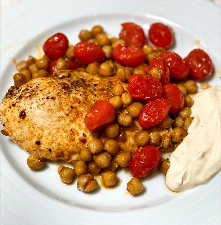 Sheet Pan Chicken with Roasted Chickpeas and Tomatoes