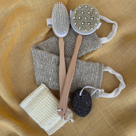 A display of body care sponges and brushes