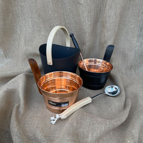 A display of sauna accessories