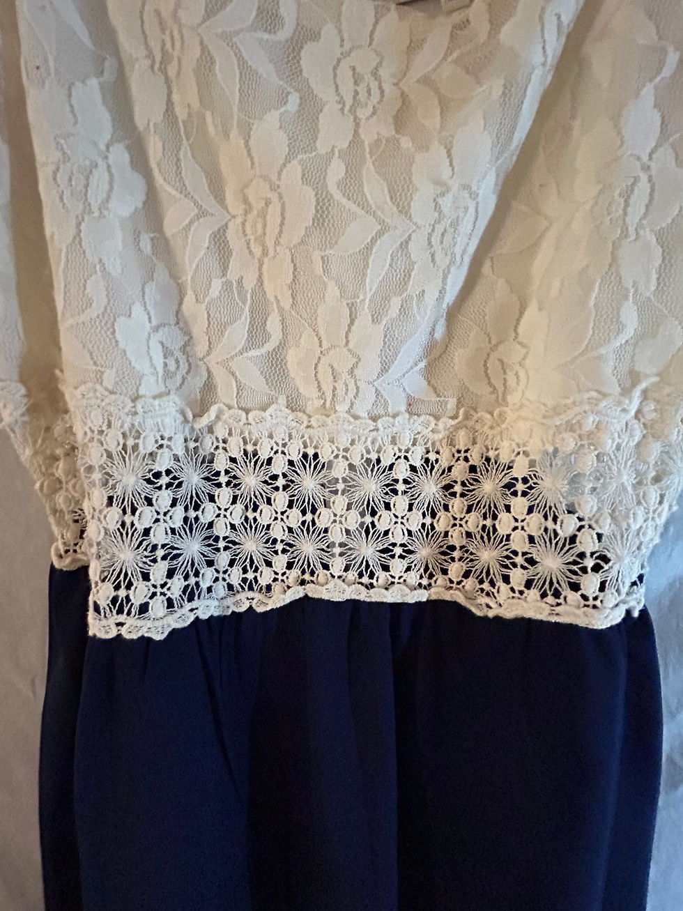 Thumbnail: Cream lace and navy dress