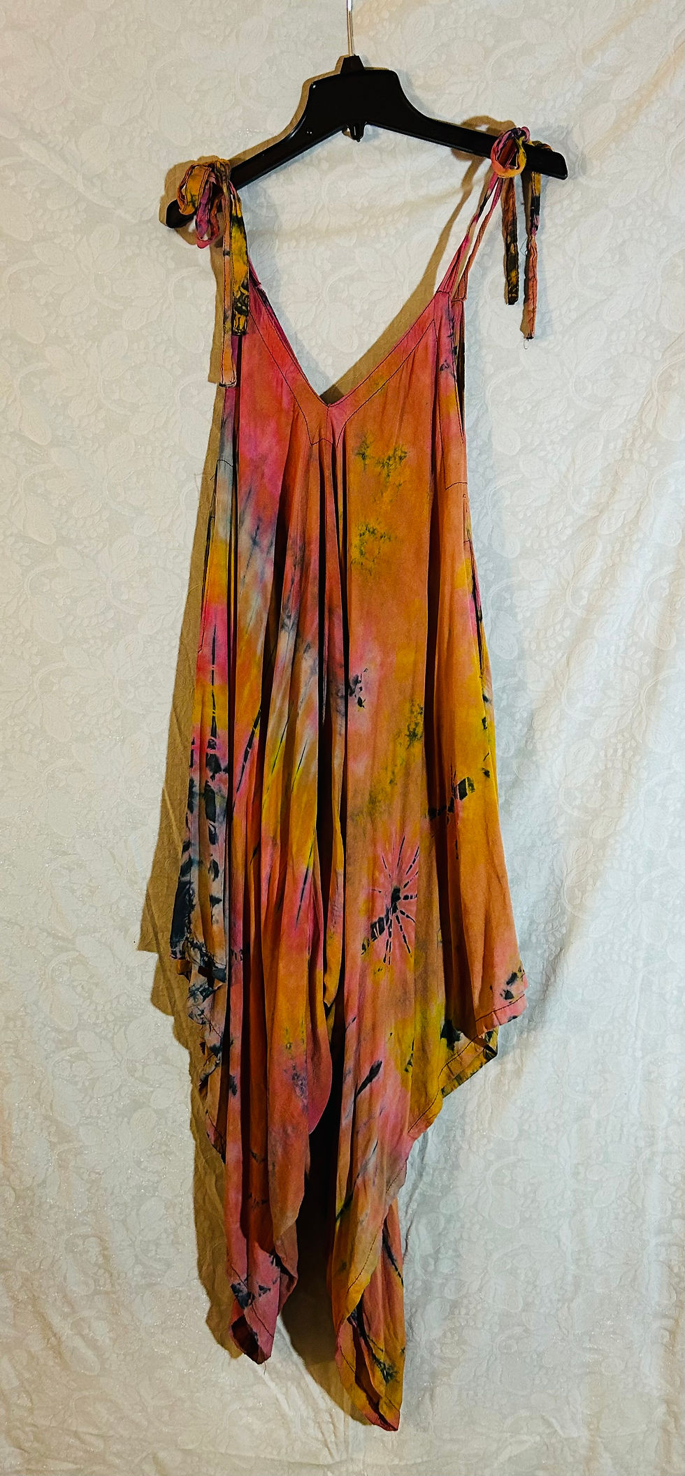 Tie-dye maxi skirt, orange, pink, and black