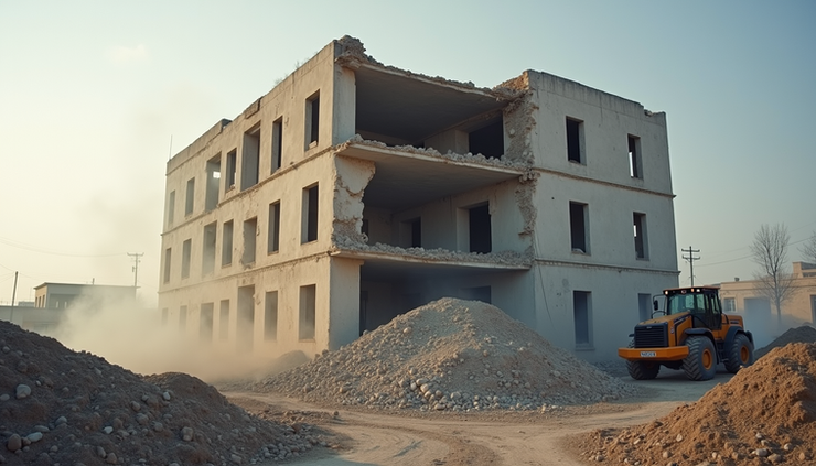 Vista laterale di un cantiere con demolizione controllata di un edificio antico