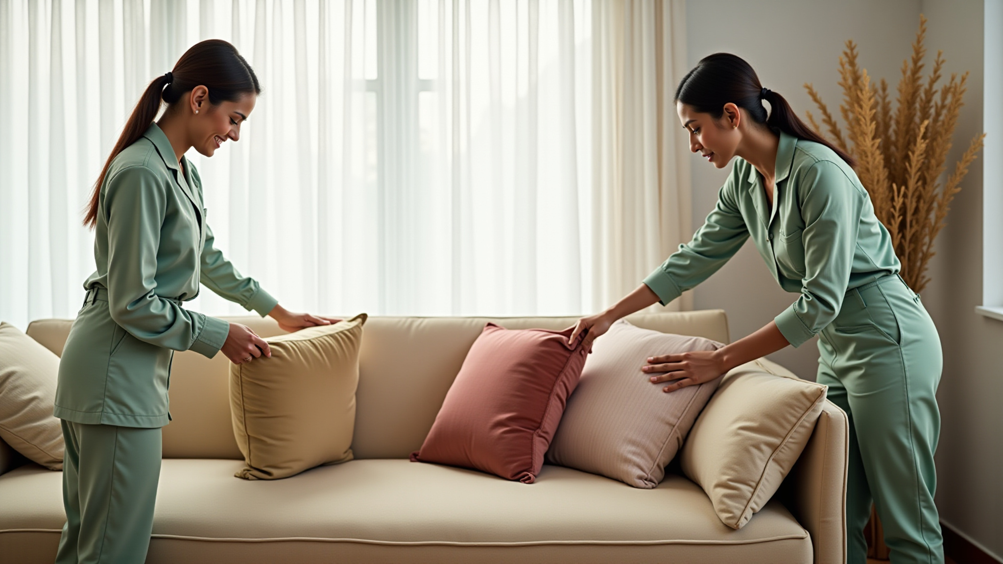 Two women arranging pillows on a sofa