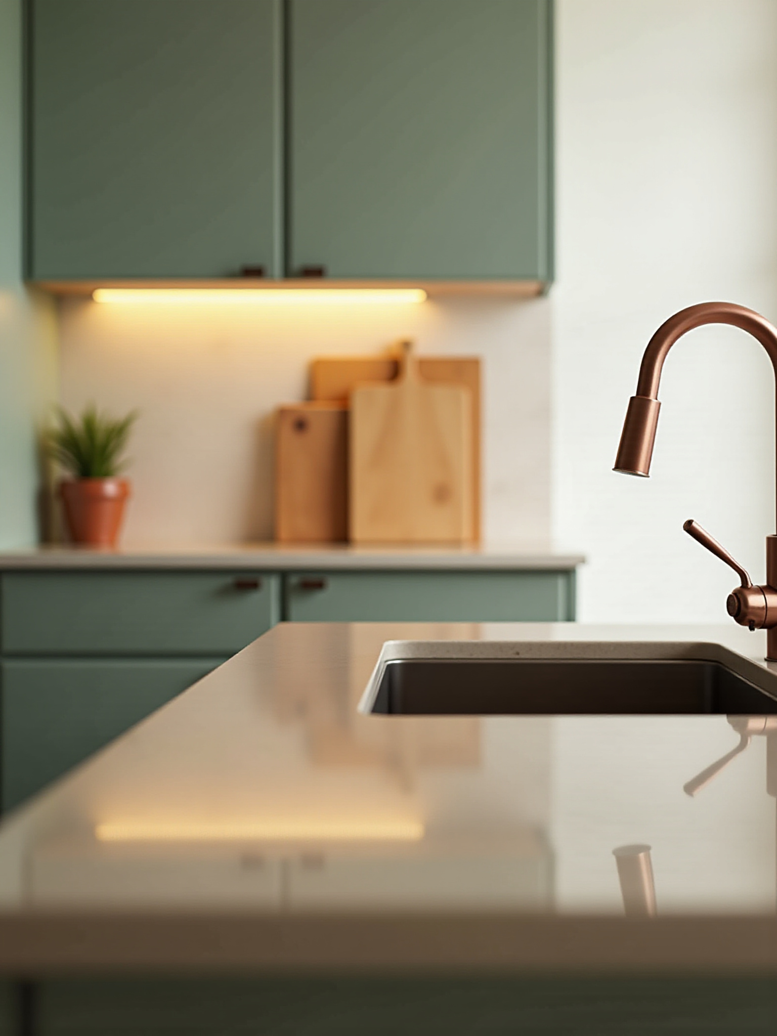 Modern kitchen with copper faucet and green cabinets