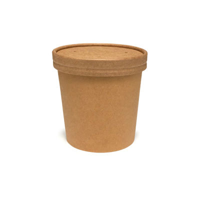 Round, brown kraft paper container with a matching lid, featuring two small holes on top.