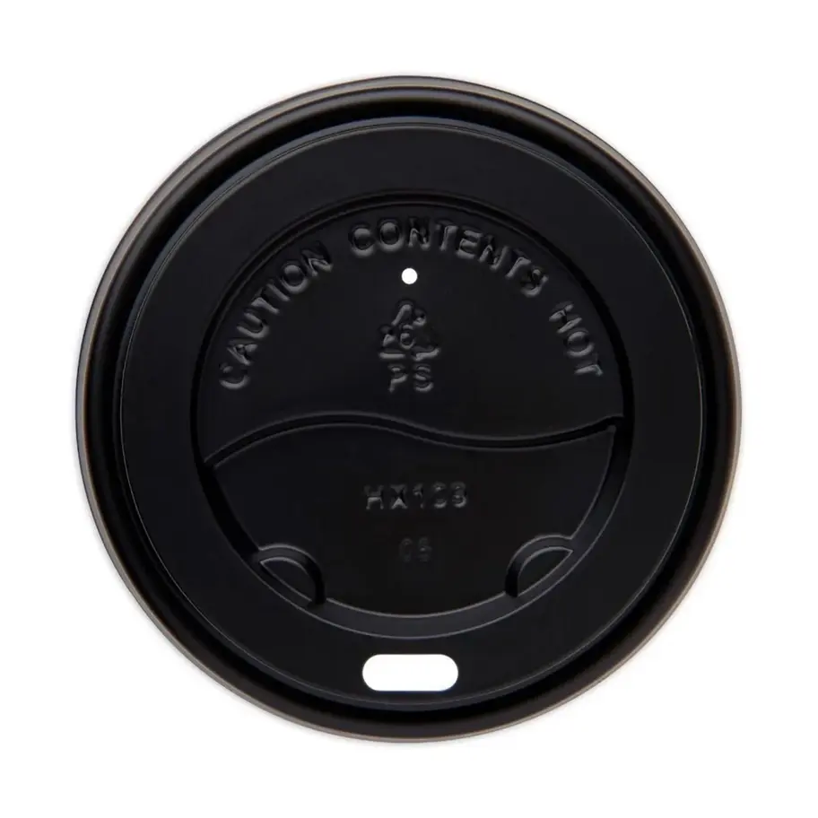 Bottom view of a black container lid with caution contents hot label and recycling symbol.