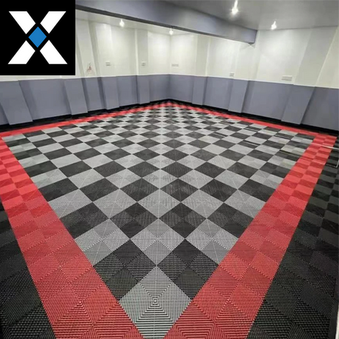 MODLINX tile garage floor installation in boone using racedeck tiles