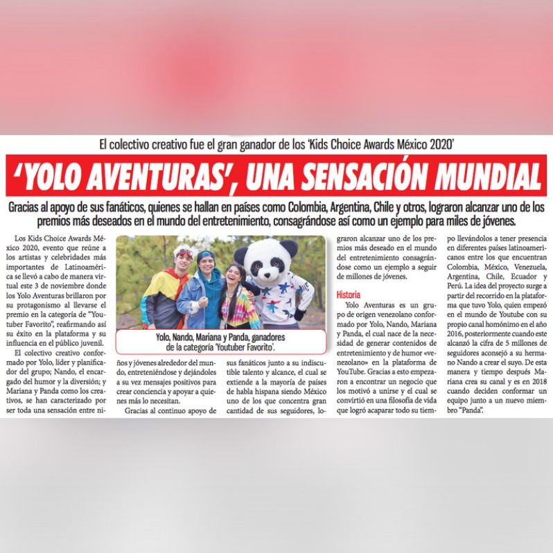 Yolo Aventuras en Diario Extra de Bogotá
