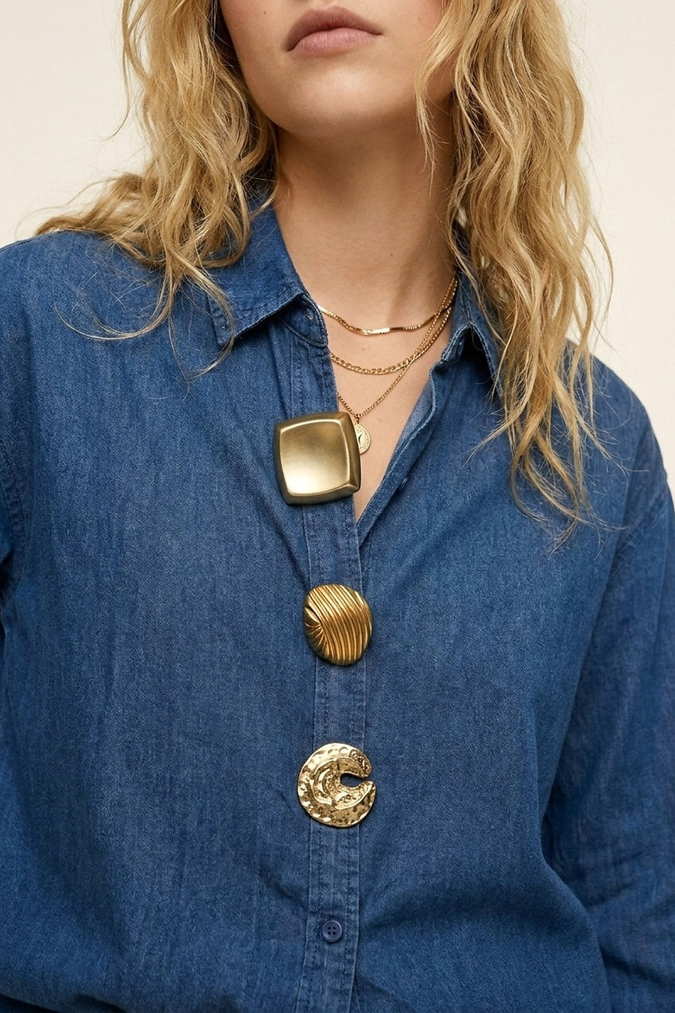 Thumbnail: Blue Denim Oversize Shirt With Statement Gold Buttons