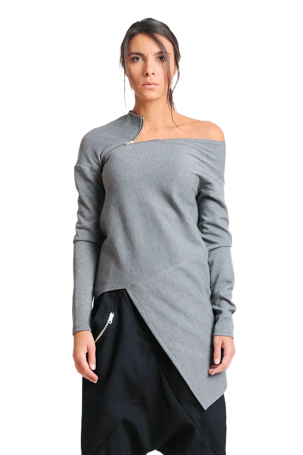 Metamorphoza Open Shoulder Zipped Tunic in Gray