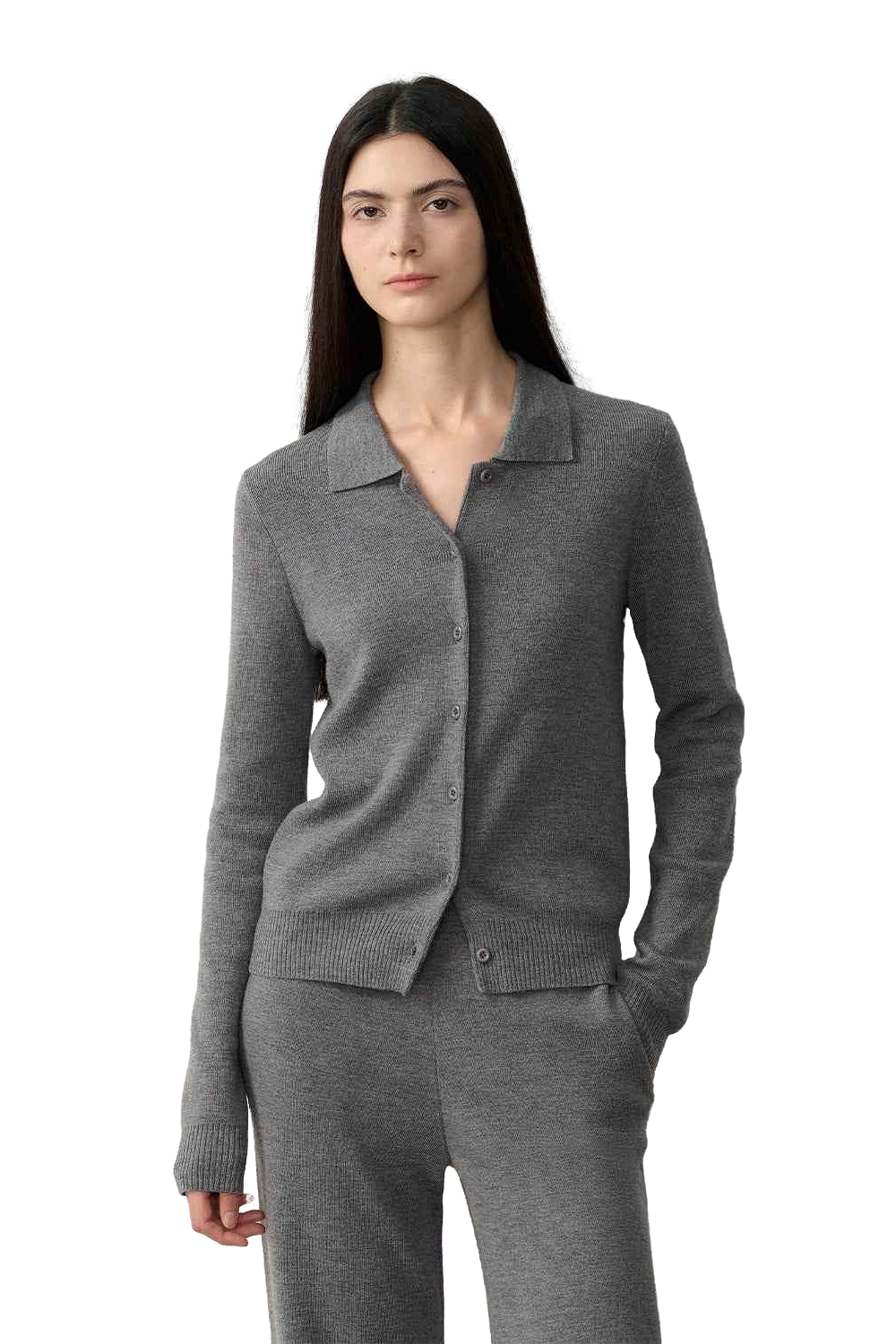 Firelady Fur "Lazy Urban" Merino Wool Polo Cardigan Straight-Leg Knit Pants Set