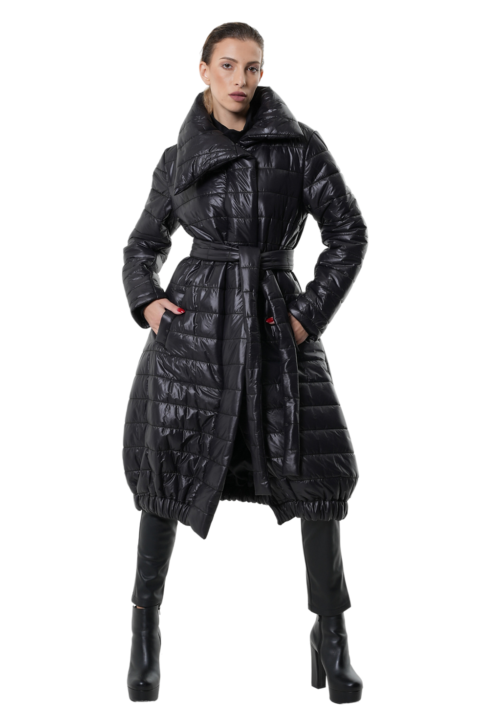 Metamorphoza Long Winter Belted Puffer Coat in Black