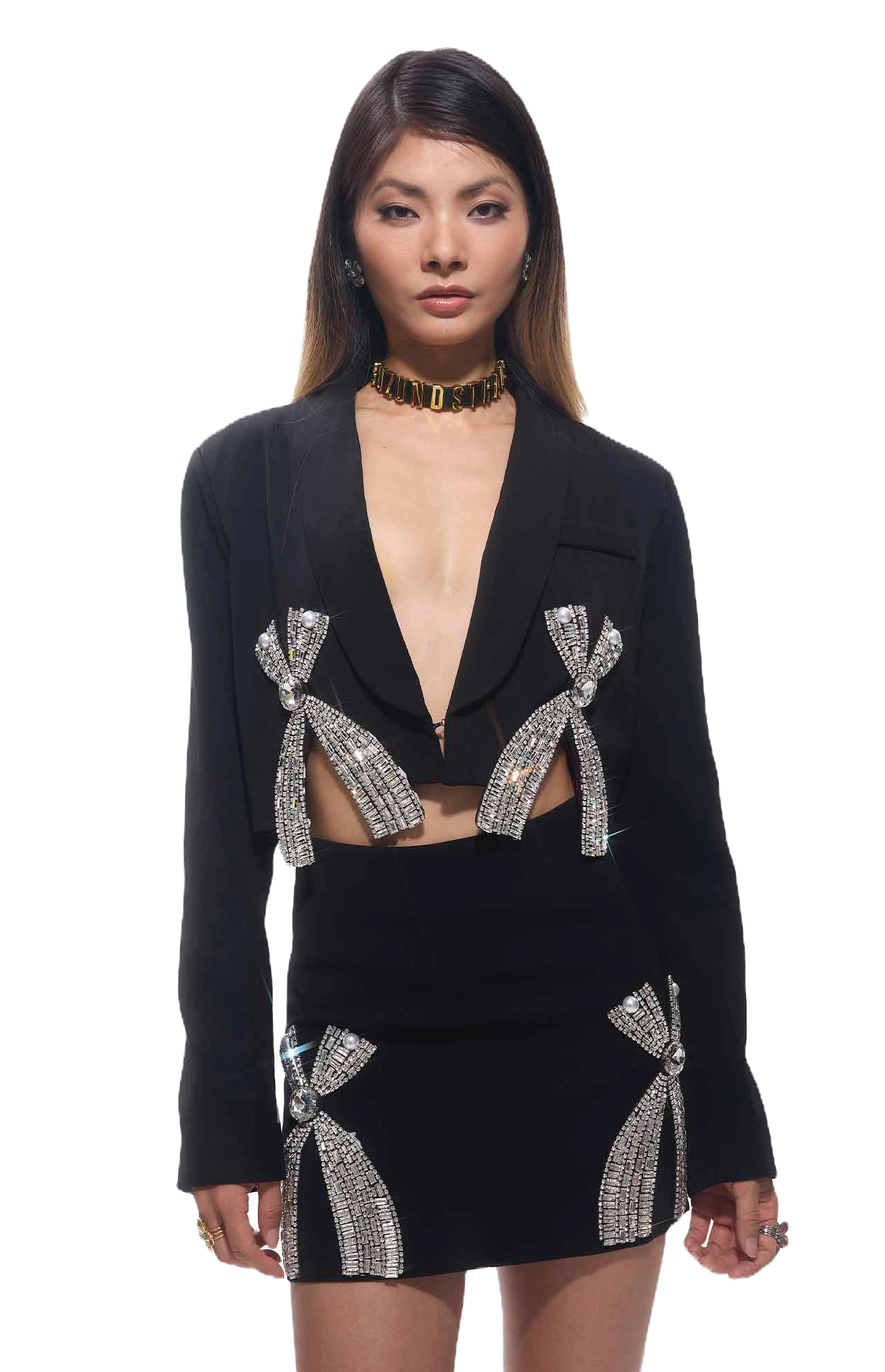 GUZUNDSTRAUS Crystal Bow Blazer & Mini Skirt Set