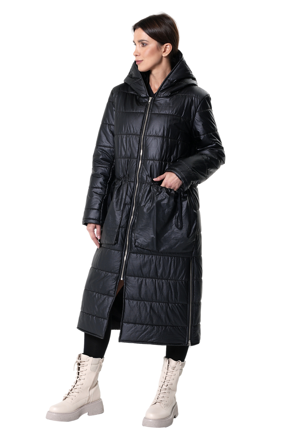 Thumbnail: Metamorphoza Long Puffer Jacket with Oversize Pockets in Black