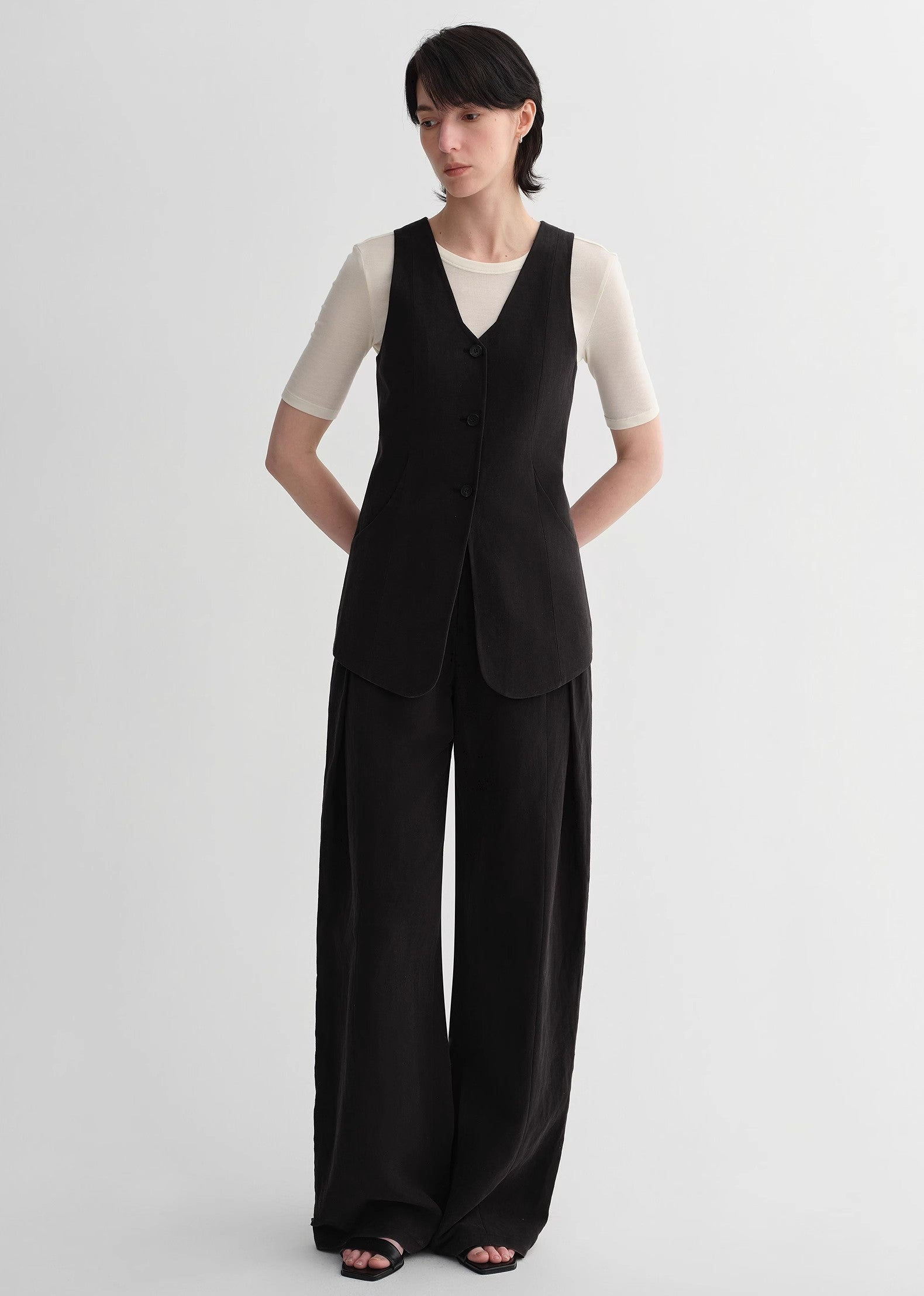 Mulberry Silk Linen V-Neck Vest Summer Suit