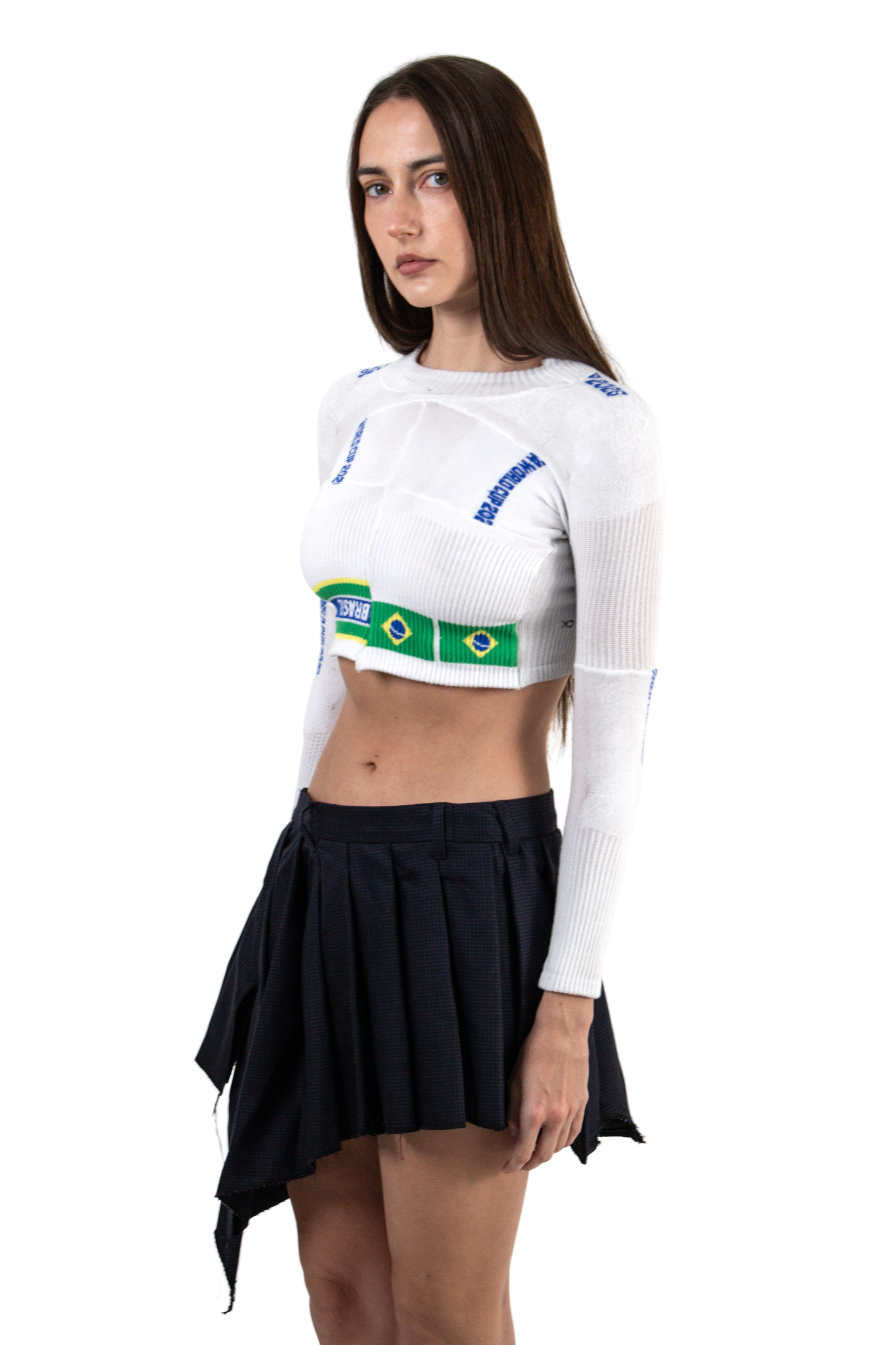 VLACKBOOK Brazil World Cup 2026 Sock Cropped Long Sleeve Top in White