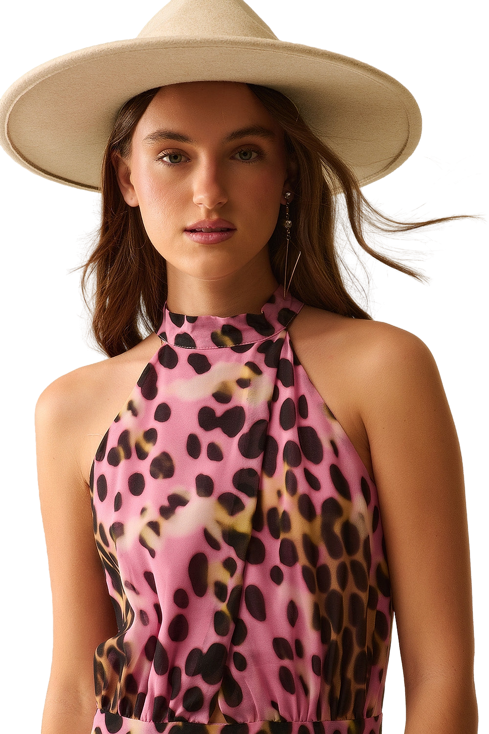 Thumbnail: Q2 Crossed Halter Neck Midi Dress in Pink and Black Animal Print