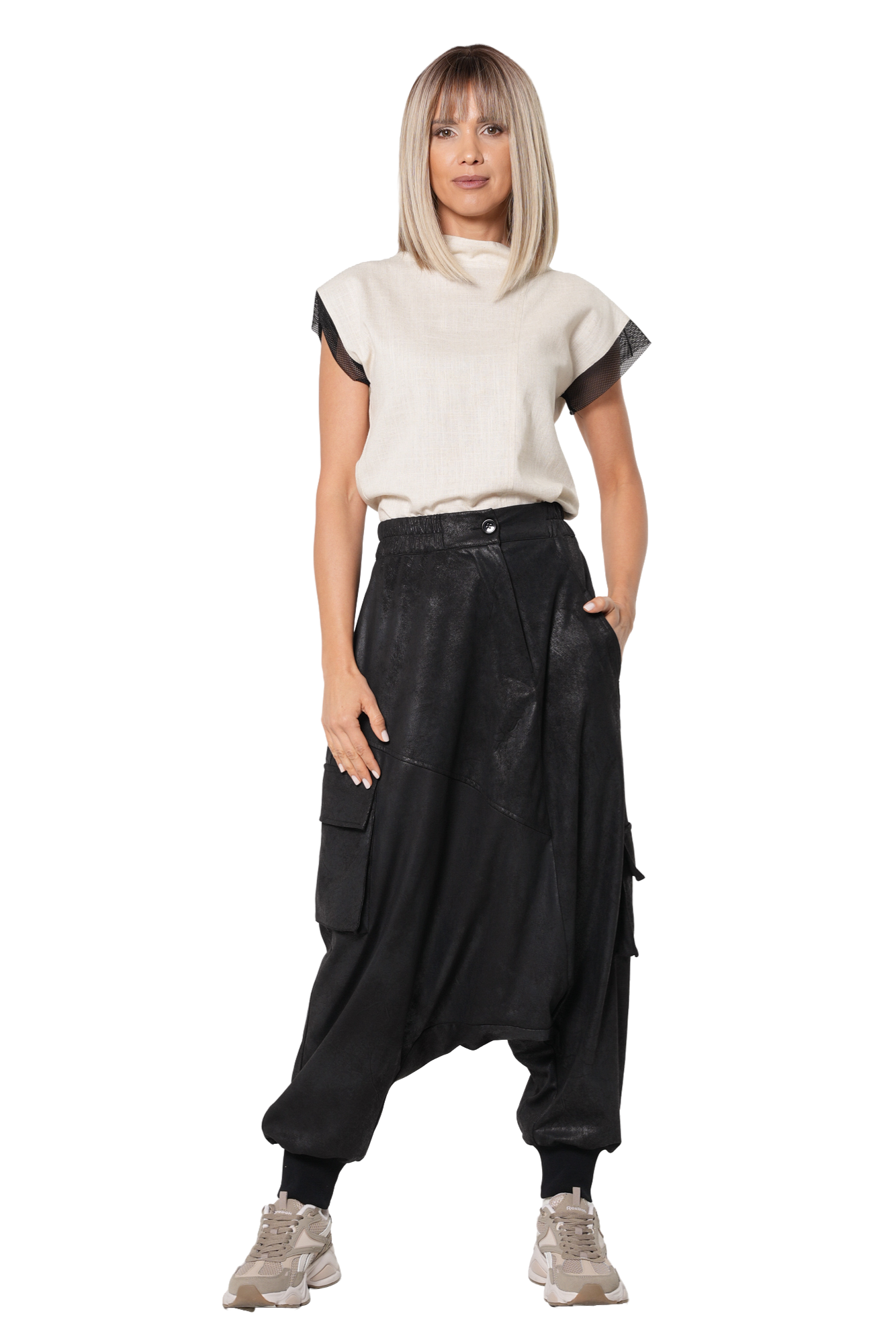 Metamorphoza Faux Suede Drop Crotch Pants with Cargo Pockets