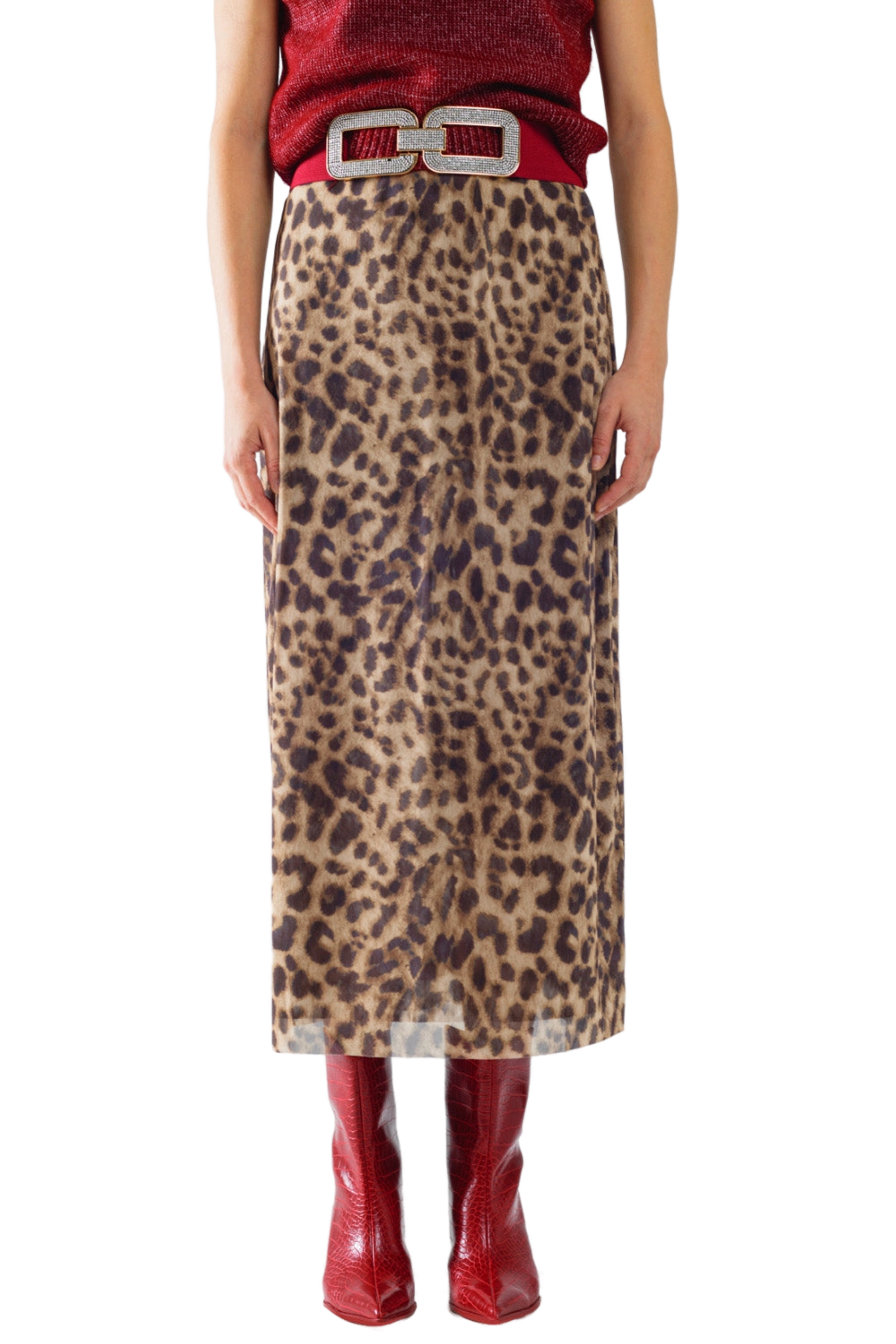 Q2 Sheer Long Leopard Print Bodycon Mesh Midi Skirt