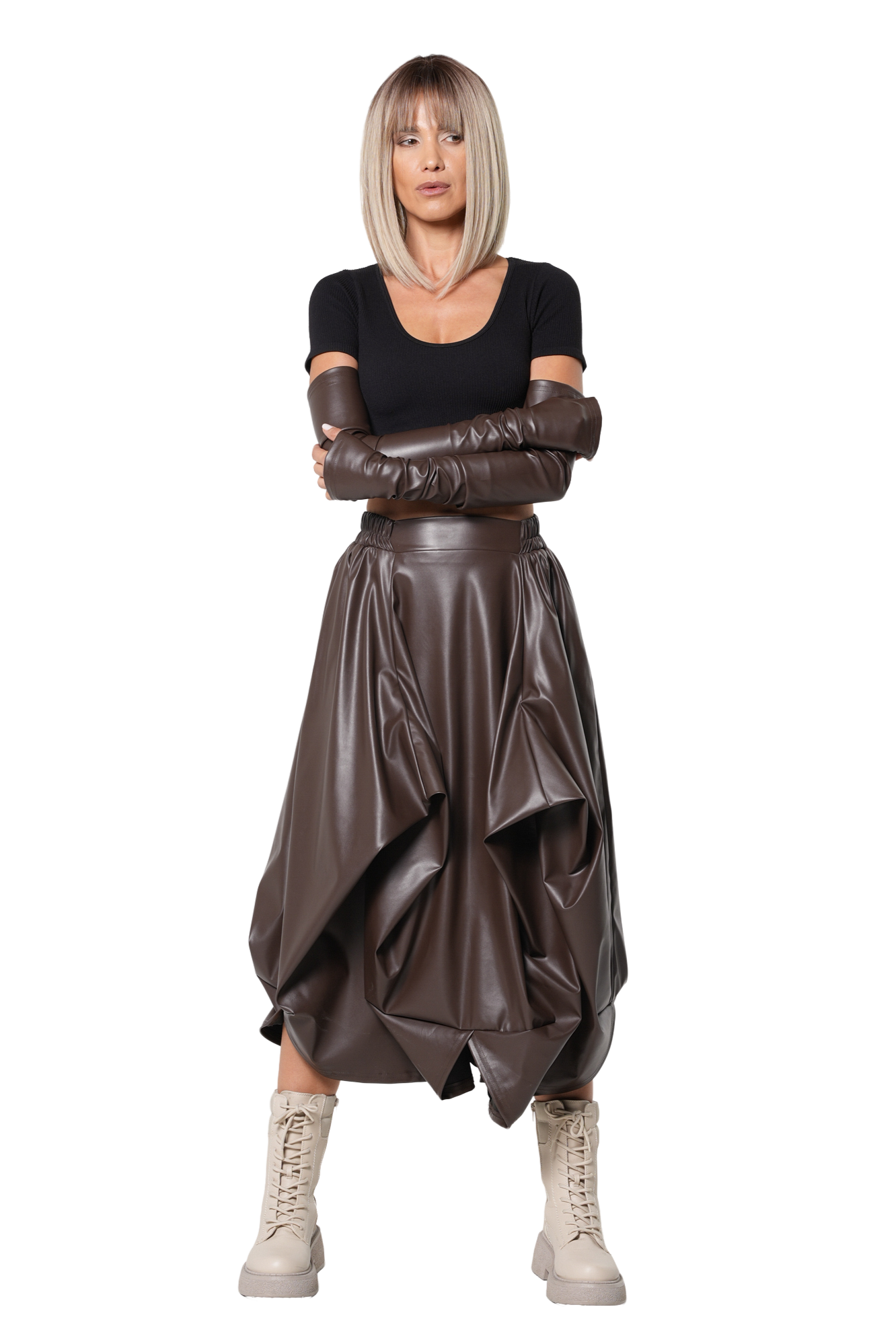 Metamorphoza Brown Vegan Leather Midi Skirt with Sculptural Folds and Gloves Set