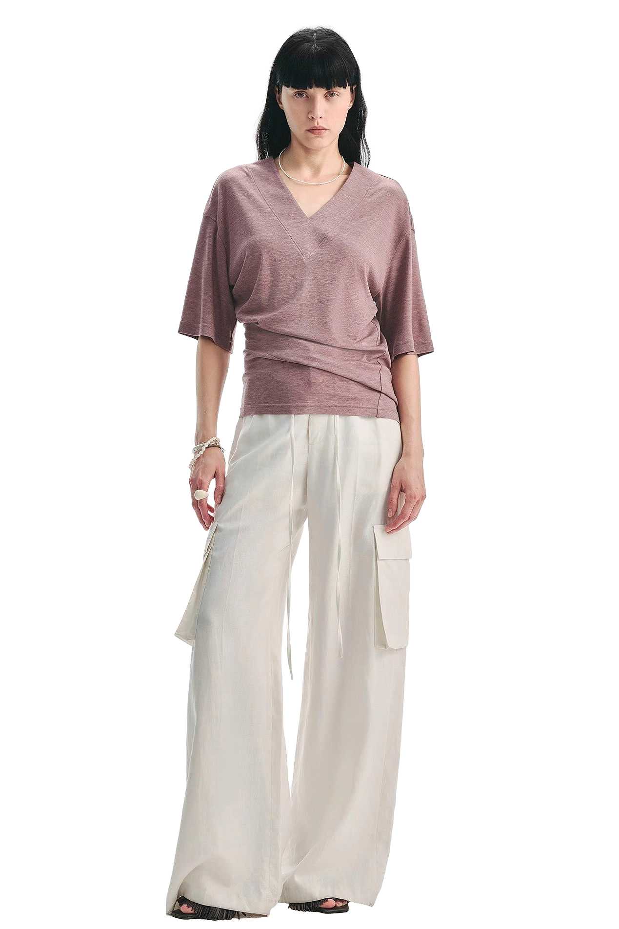 Firelady Fur "Inspiration Bag" Silk Tencel V-Neck Dropped Shoulder T-Shirt