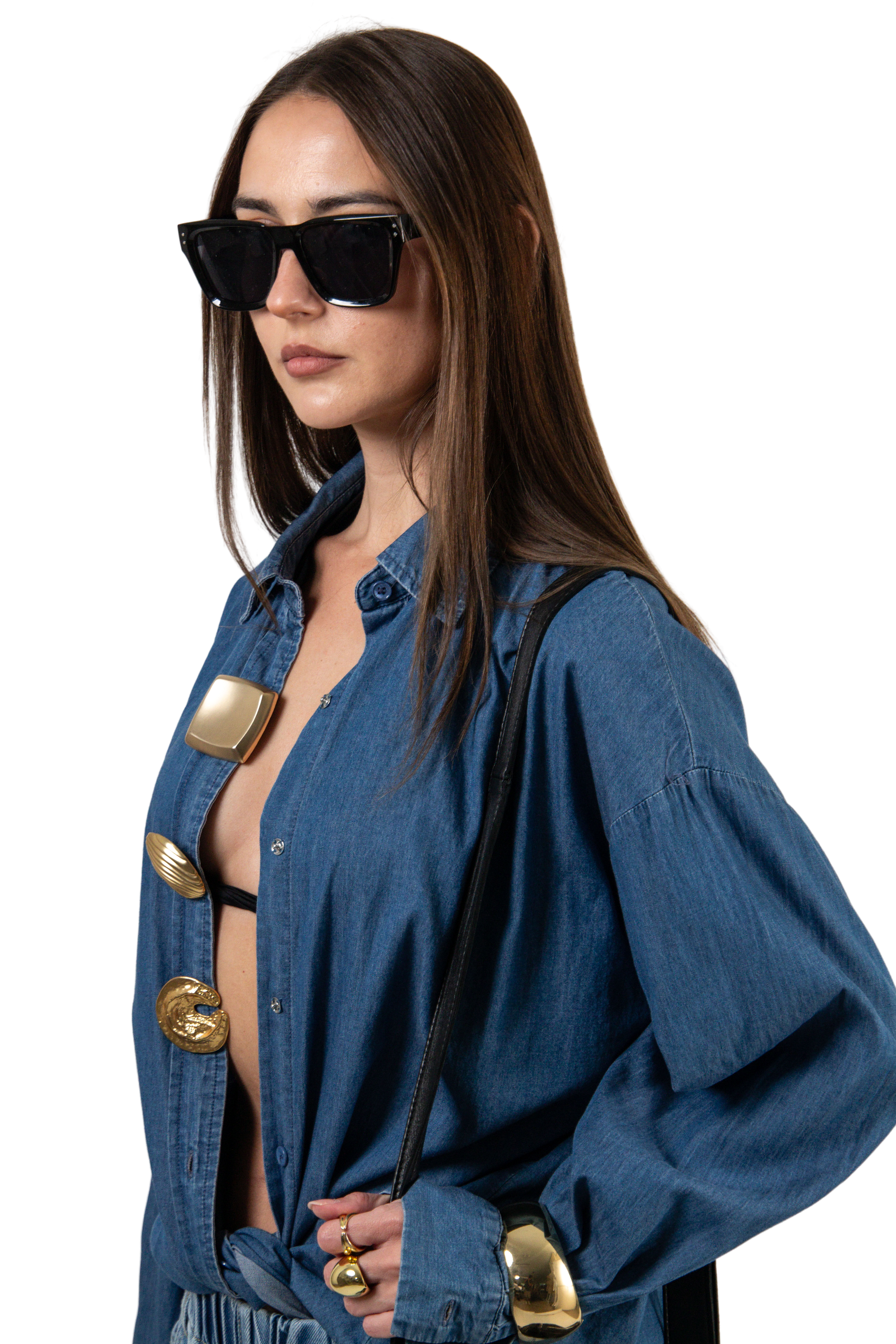 Q2 Blue Denim Oversize Shirt With Statement Gold Buttons