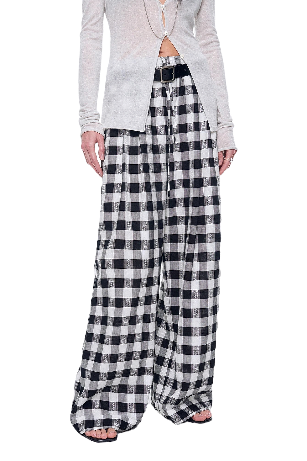 Thumbnail: Firelady Fur "Plaid Accent" National Style Jacquard/Drape Linen Retro Pants  in Black/white