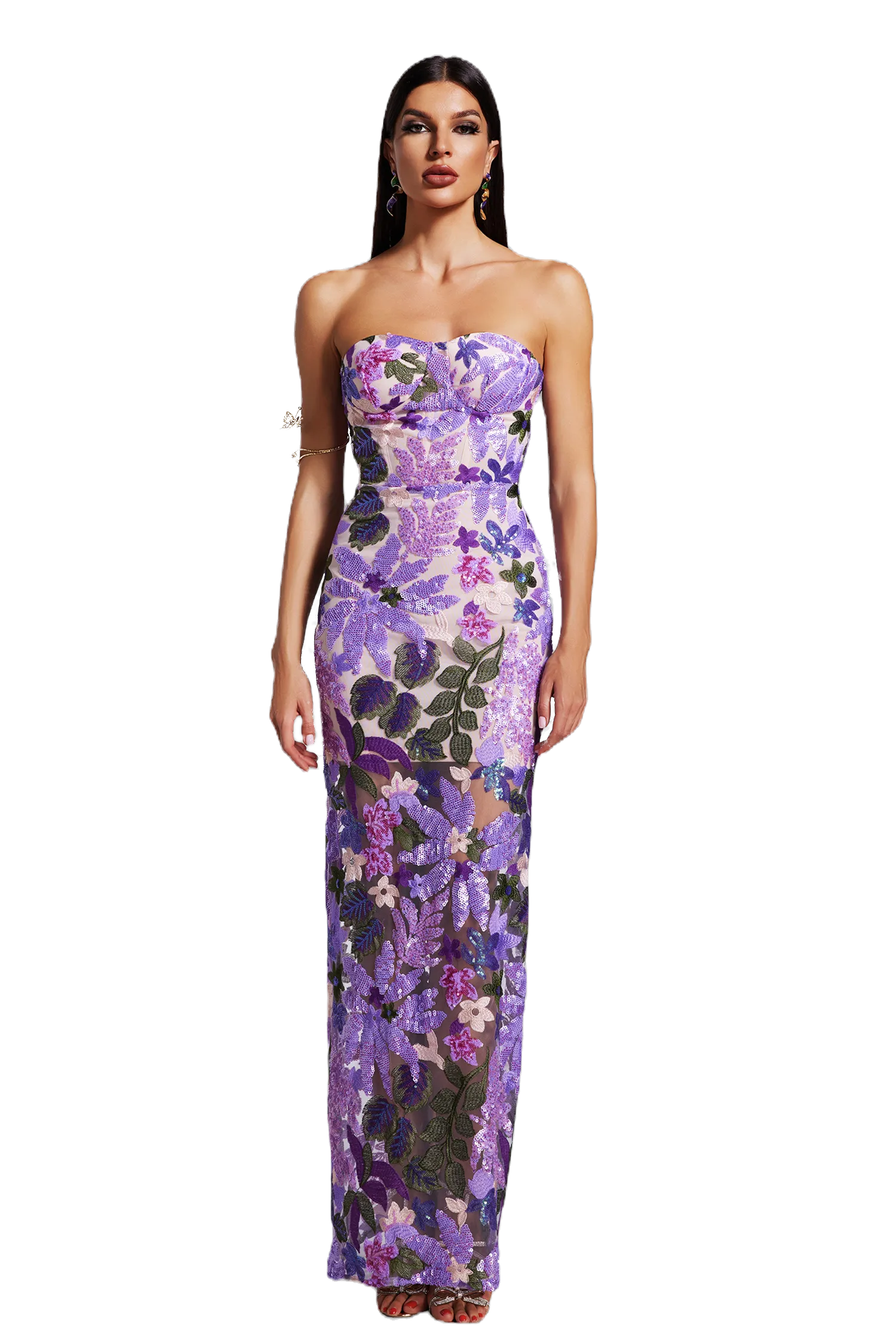 GUZUNDSTRAUS Purple Floral Sequin Midi Dress