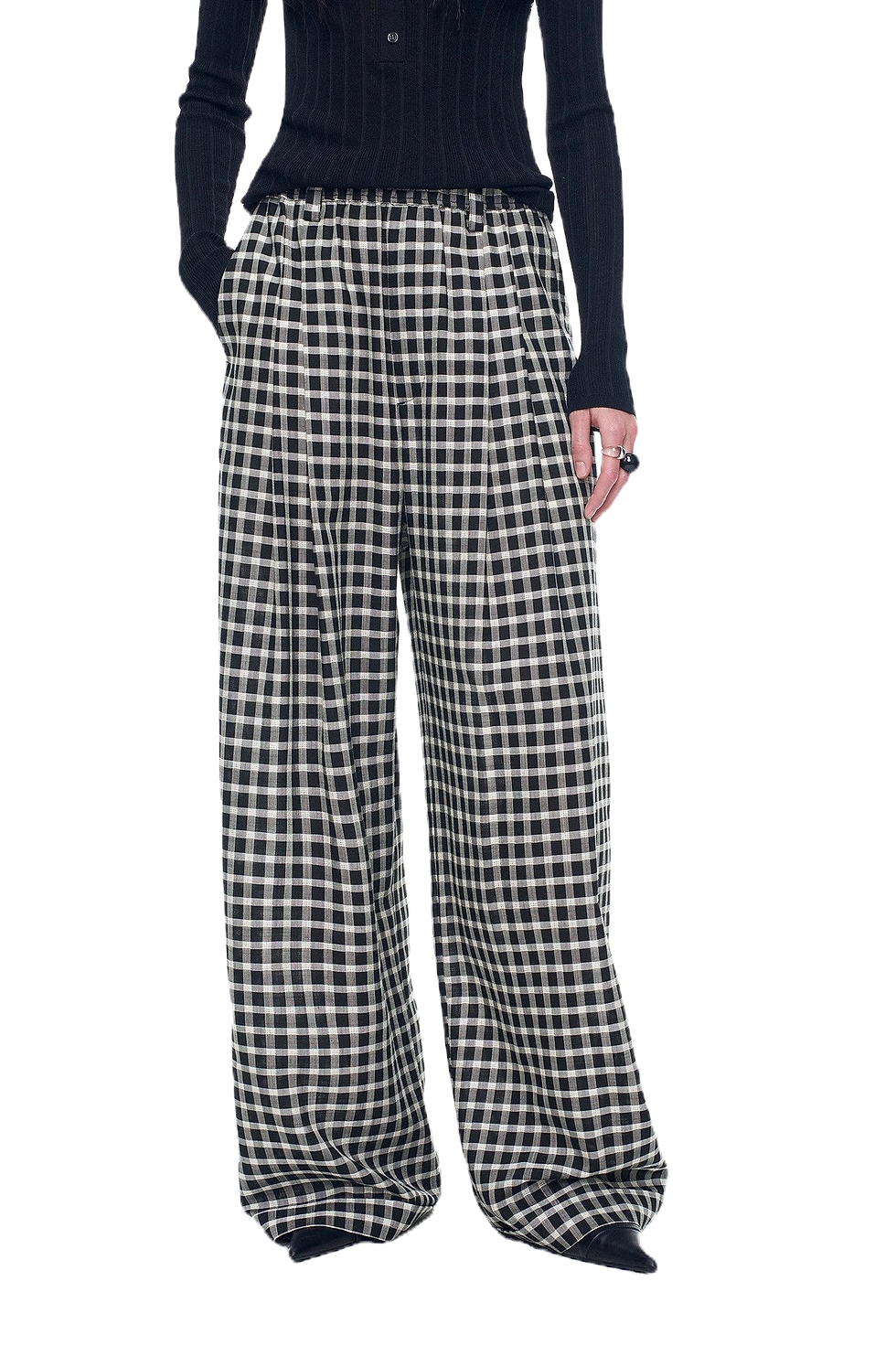 Thumbnail: Firelady Fur "Plaid Accent" National Style Jacquard/Drape Linen Retro Pants  in Black/white