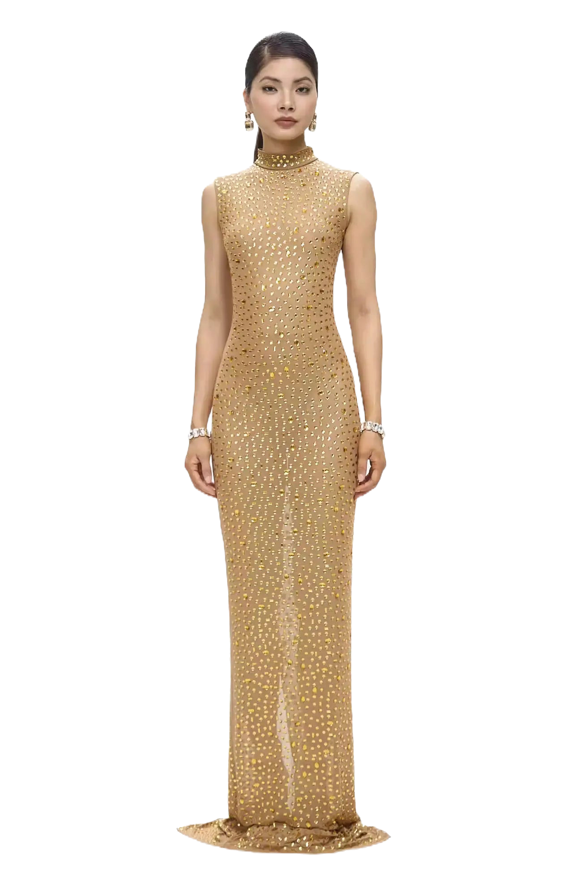 GUZUNDSTRAUS Mone Embellished Golden Mesh Maxi Dress
