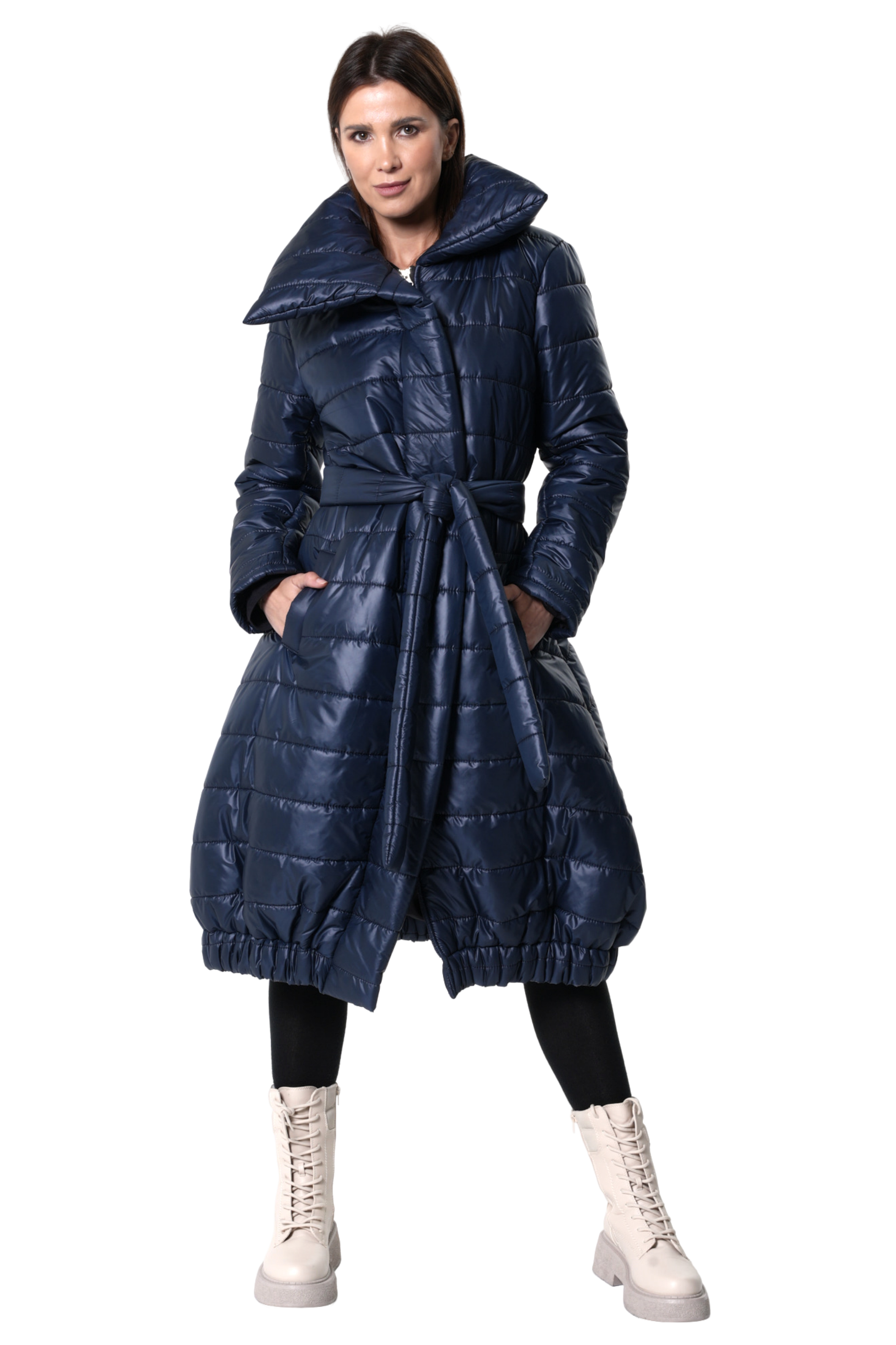 Metamorphoza Belted Puffer Coat in Blue