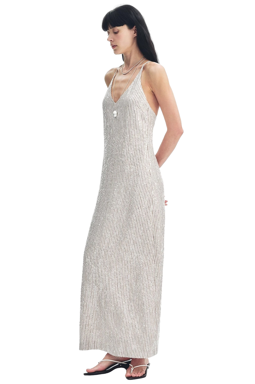 Thumbnail: Firelady Fur "Galaxy Trace" Sequin Embroidery Stripe Linen  Summer Dress