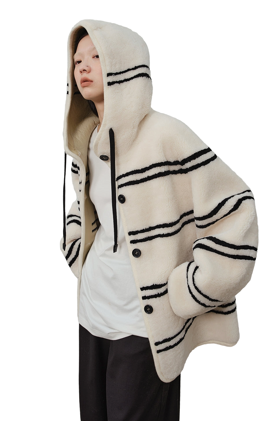 Fireladyfur  “Snowy New Year” Lamb Wool Striped Jacket