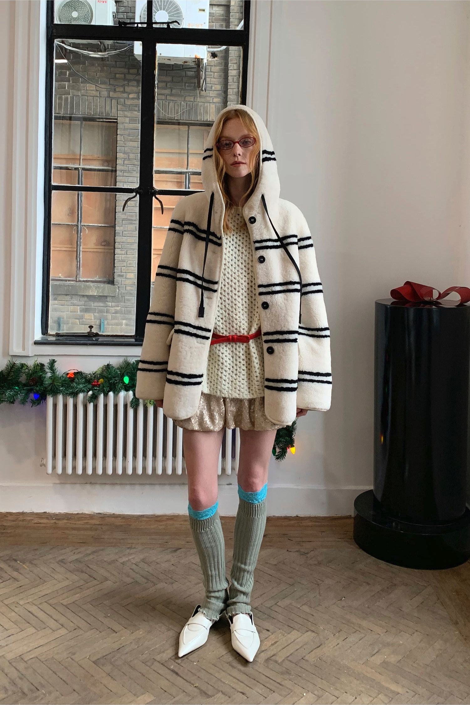 Fireladyfur “Snowy New Year” Lamb Wool Striped Jacket