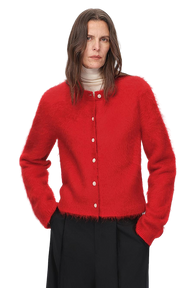 Firelady Fur Albaca Alpaca Brushed Round Neck Straight Cardigan Sweater in Red