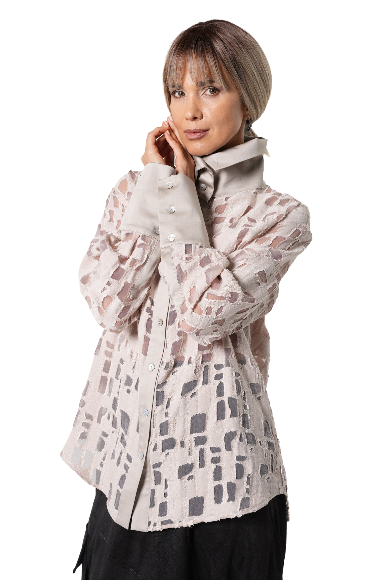 Metamorphoza Textured Sheer Shirt with Statement Collar