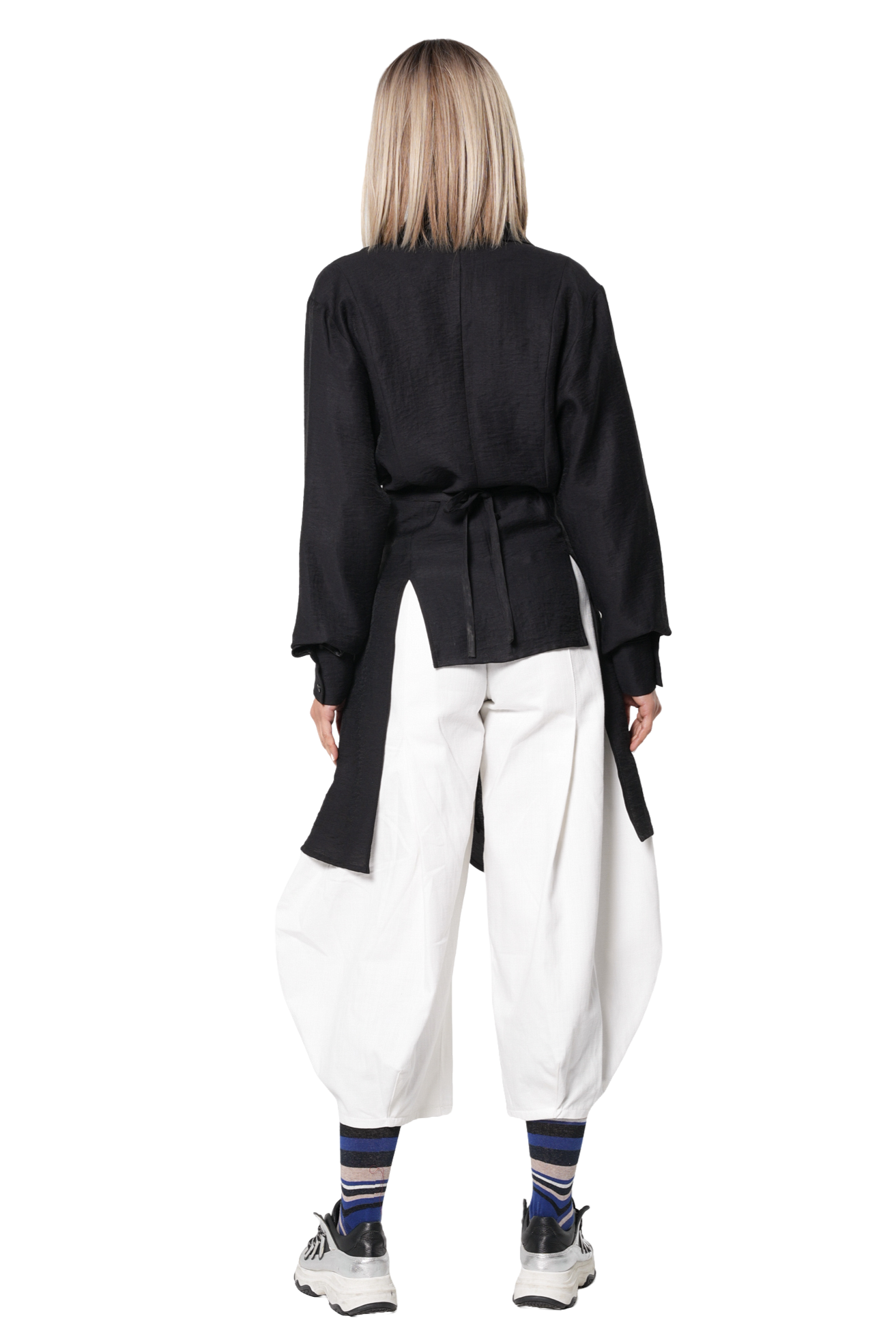 Metamorphoza Asymmetric Shirt with Draped Hem and Statement Belt