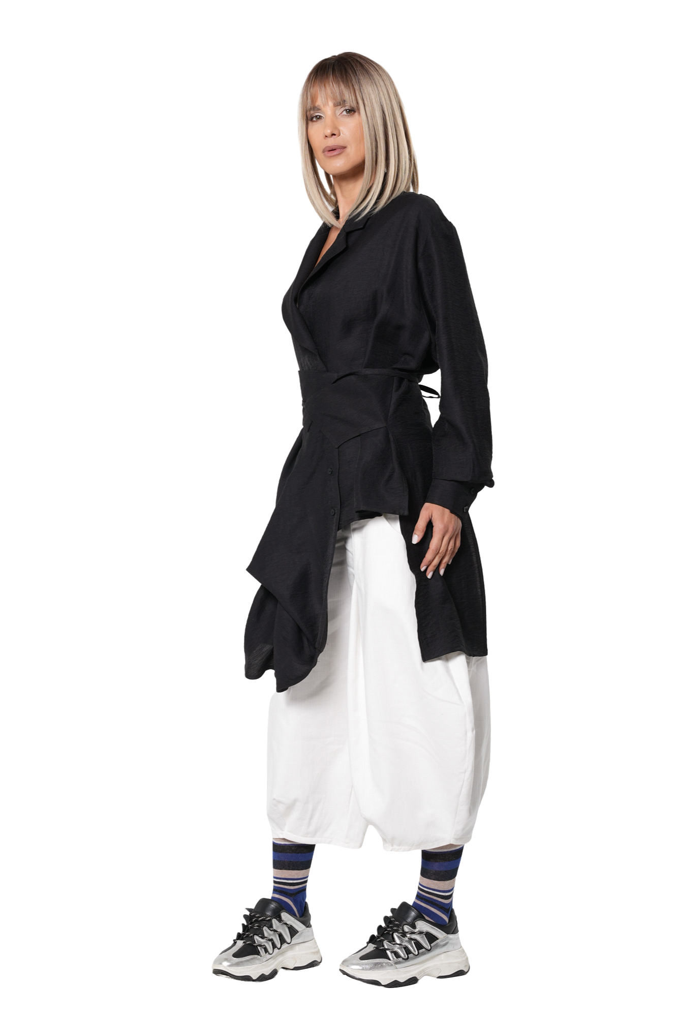 Metamorphoza Asymmetric Shirt with Draped Hem and Statement Belt