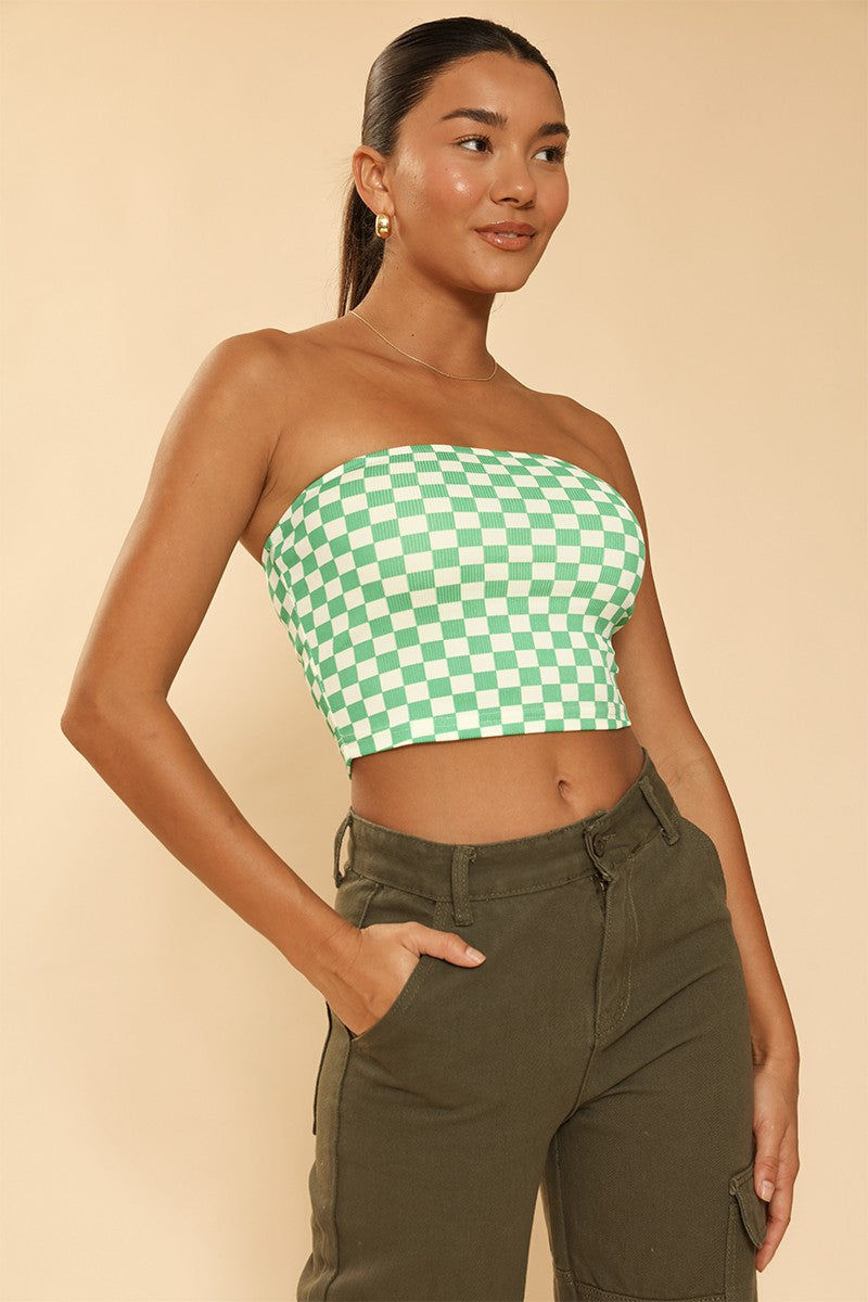 Miss Sparkling Checkered Tube Top with Rib Knit Fit