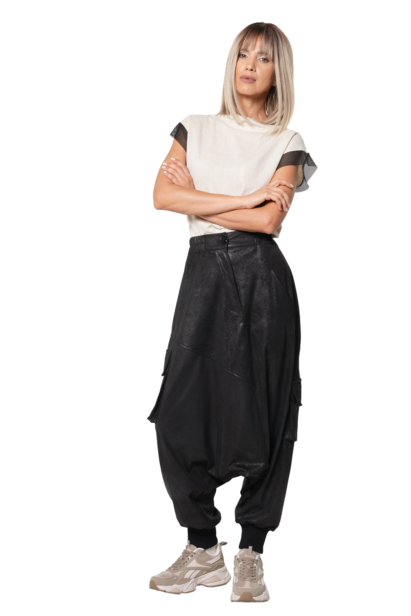 Metamorphoza Faux Suede Drop Crotch Pants with Cargo Pockets